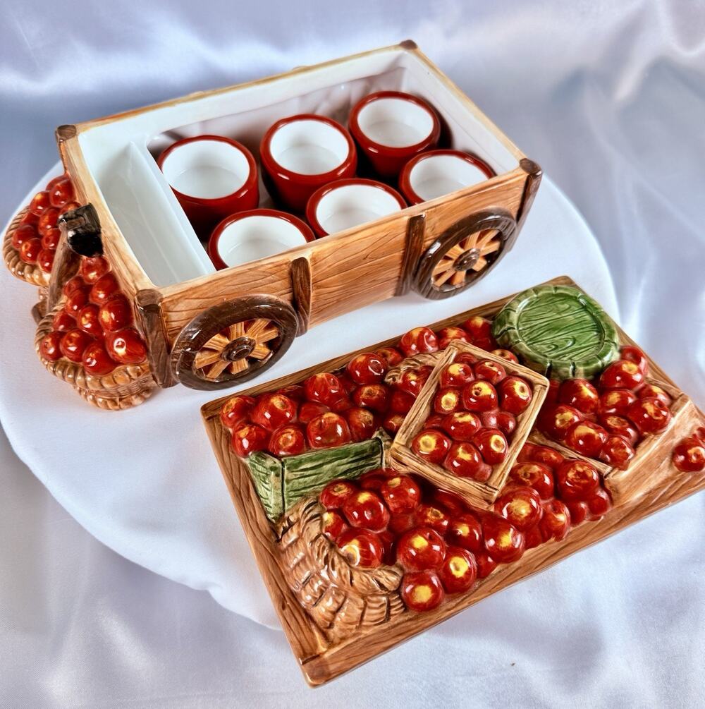 RARE Yankee Candle Tealights Apple Box Wagon Cart & Lid 6 Red Cups Ceramic READ!